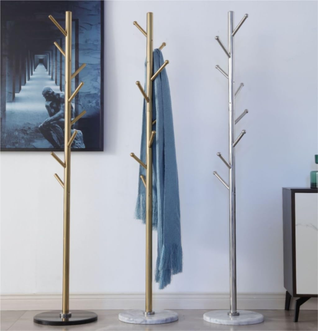 Moderner Jackenständer Metall-Garderobenständer, Goldener Satin-Stahl-Finish, Stabiler Marmorsockel, Freistehender Garderobenständer Für Mäntel Garderobenständer