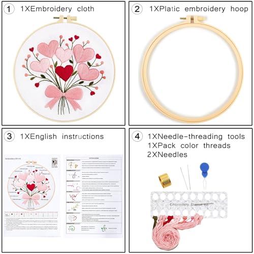 Image of Heart Flower Embroidery Kits for Beginners Adults, Pink Embroidery Starter Kits, Counted Cross Stitch Kits for Adults Anniversary Valentine's Day Gift, Embroidery Hoops, Fabric Thread & Video Tutorial