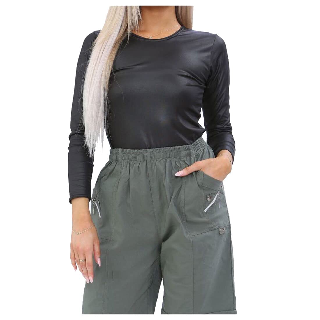 Stylewear Women's Khaki Elastic Waist Cherry Button Comfy Shorts Zipper Pockets Stretchy Summer Shorts