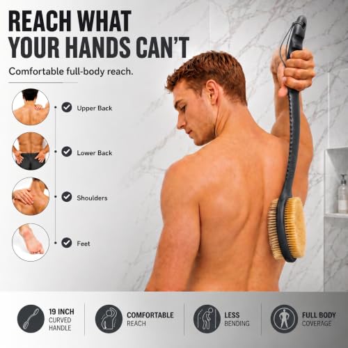 Image of Avilana Shower Body Brush with Long Curved Handle, Long Handle Silicone Back Brush with Long Double Sided Handle, Shower Brush with Soft and Rigid Bristles (Long Silicone Handle,