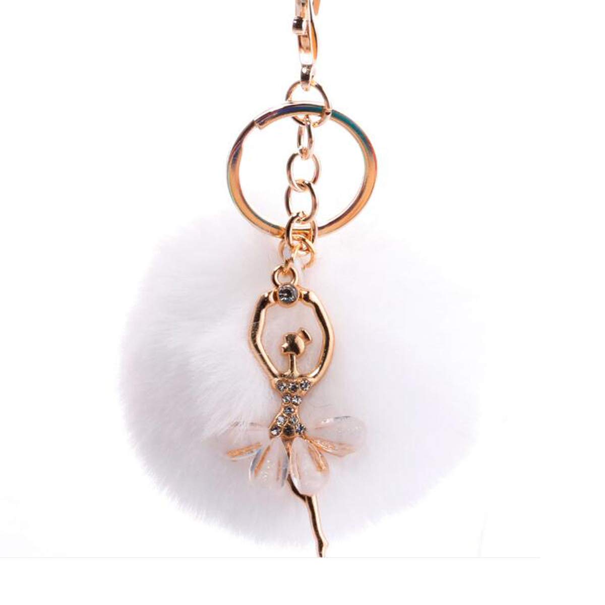 N/CPupdoge Ball Pom Keychain Crystal Ballet Dancer Keyring Bag Charm Pendent, Pendant Charm, Best Gift for Woman (White)