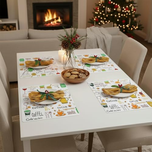 Image of YELONA Rectangular PVC Vinyl Non-Slip Insulation Heat-Resistant & Waterproof Stain Resistant Washable Placemat for Dining & Kitchen Table-(White & Dark Green,Set of 4)