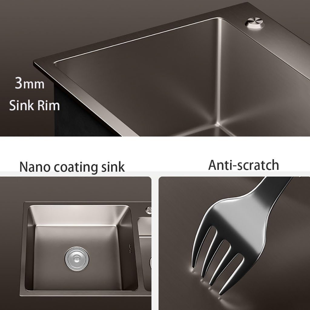 Double Bowl Kitchen Sink with Pull Down Faucet 27-inch Stainless Steel Sink Topmount Handmade Kitchen Sink 2 Holes Workstation Kitchen Sink with Drain Tray Prep Sink Nano Grey-Black Kitchen Sink (Siz