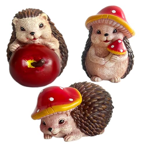 3 PCS Kunstharz Igeln mit Apfel Pilze,Garten Igel Deko,Herbstdeko...