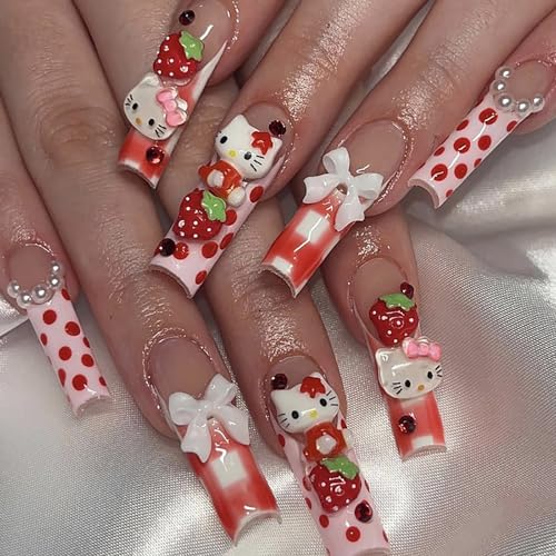 French Tips Press on Nails Long Coffin Fake Nails with Cute Cat B...