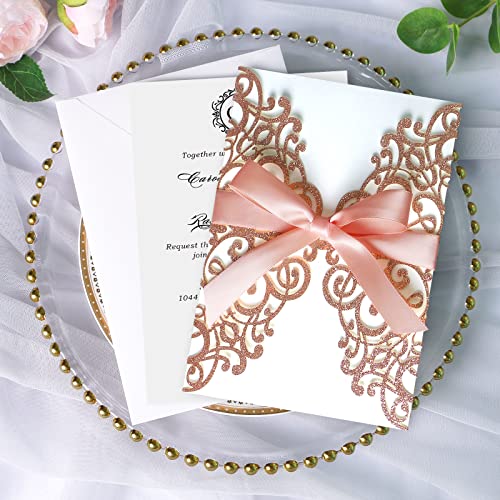 Ponatia 25Pcs 5.12 X 7.1 '' Laser Cut Wedding Invitations Cards With Envelopes Ribbons For Wedding Bridal Baby Shower Engagement Sweet 16 Birthday Invite (Rose Gold Glitter) #TOP3