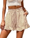 BTFBM Womens Summer Shorts 2025 Vacation Floral Belted Casual Elastic High Waist Ruffle Beach Short Lounge Pants Pockets(Floral Apricot, Medium)