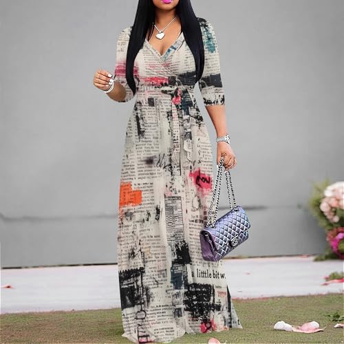 Image of PinkPatty Women's Print Maxi Dresses 3 /4 Sleeve Flowy Long Dress V Neck Wrap Tie Waist Sundress