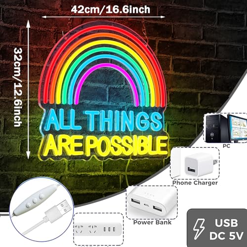 Image of ALL THINGS ARE POSSIBLE Neon Lights, LED Neon Signs for Wall Decor, Rainbow Neon Light Sign Neon Room Decor,USB Night Lights for Bedrooms,Bookshops,Libraries, Classrooms,Florists, Parties, Holiday Gifts(16.5*12.6in)