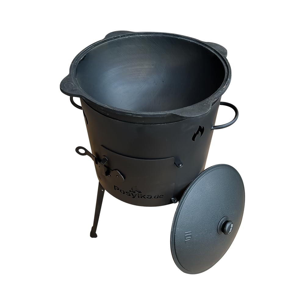Utschak Feuerofen mit Gusseisen Topf flacher Boden mit Deckel 10 L Kazan 48 cm Outdoor Camping Set 3