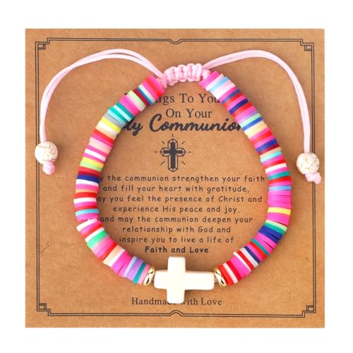Polymer Clay Cross Bracelet for Girls, Colorful Christian Jesus Religious Bracelet with Motivational Card Bohemian Style Baptism Jewelry Gifts for Daughter Sister Teenage Girls