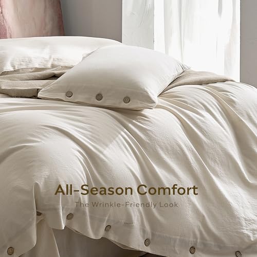 Image of JELLYMONI 100% Washed Cotton Duvet Cover Full - Soft, Breathable Linen-Look Bedding with Natural Wrinkle Texture, Button Closure, 3-Piece Set (Oat Milk, 80 inchx90 inch)