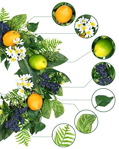 18 Inch Lemon Wreath For Front Door,Vlorart Spring Summer Wreath With Yellow Lemons,Blueberry And Artificial Green Eucalyptus Fern Leaves For Wall Window Farmhouse Indoor Outdoor Festival Home Decor #TOP2
