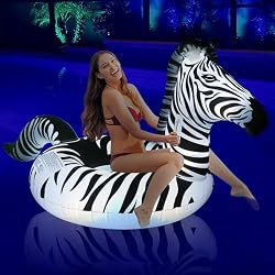 Inflatable Zebra Pool Float with Lights, FlyfreeU Solar Swimming Pool Floats, Large Lake Floats Beach Water Floaty with Fast Valves, Glow in the Dark Thick Pool Floaties for Adults