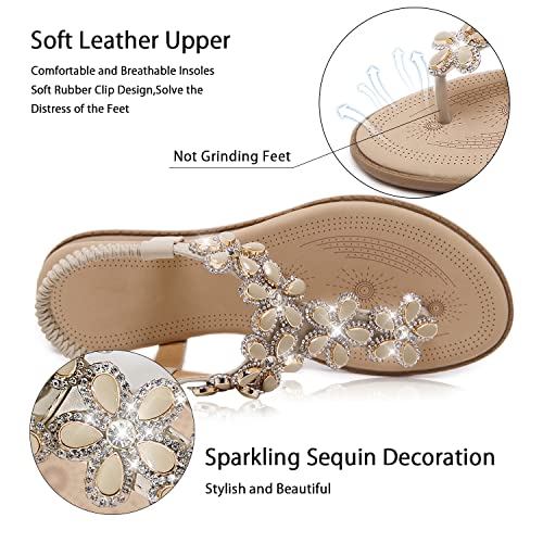 Image of iCKER Women Rhinestone Sandals T-Strap Buckle Bohemian Pearl Crystal Flat Sandals