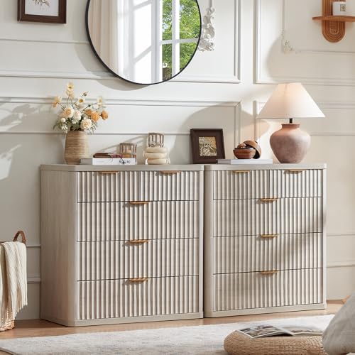 Image of LEYAOYAO Fluted 5 Drawers Dresser for Bedroom, 34 inch Tall Modern Chest of Drawers with Metal Handle, Curved Profile Design,Wood Drawer Organizer for Bedroom, Living Room, Hallway, Entryway,Lightgrey