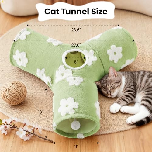 Image of Tempcore Flannel Cat Tunnel for Indoor Cats, 3 Way Collapsible Pet Play Tunnel with Teaser Wand, Peek Holes & Hanging Ball, Interactive Tube for Kittens & Rabbits, Daisy Green