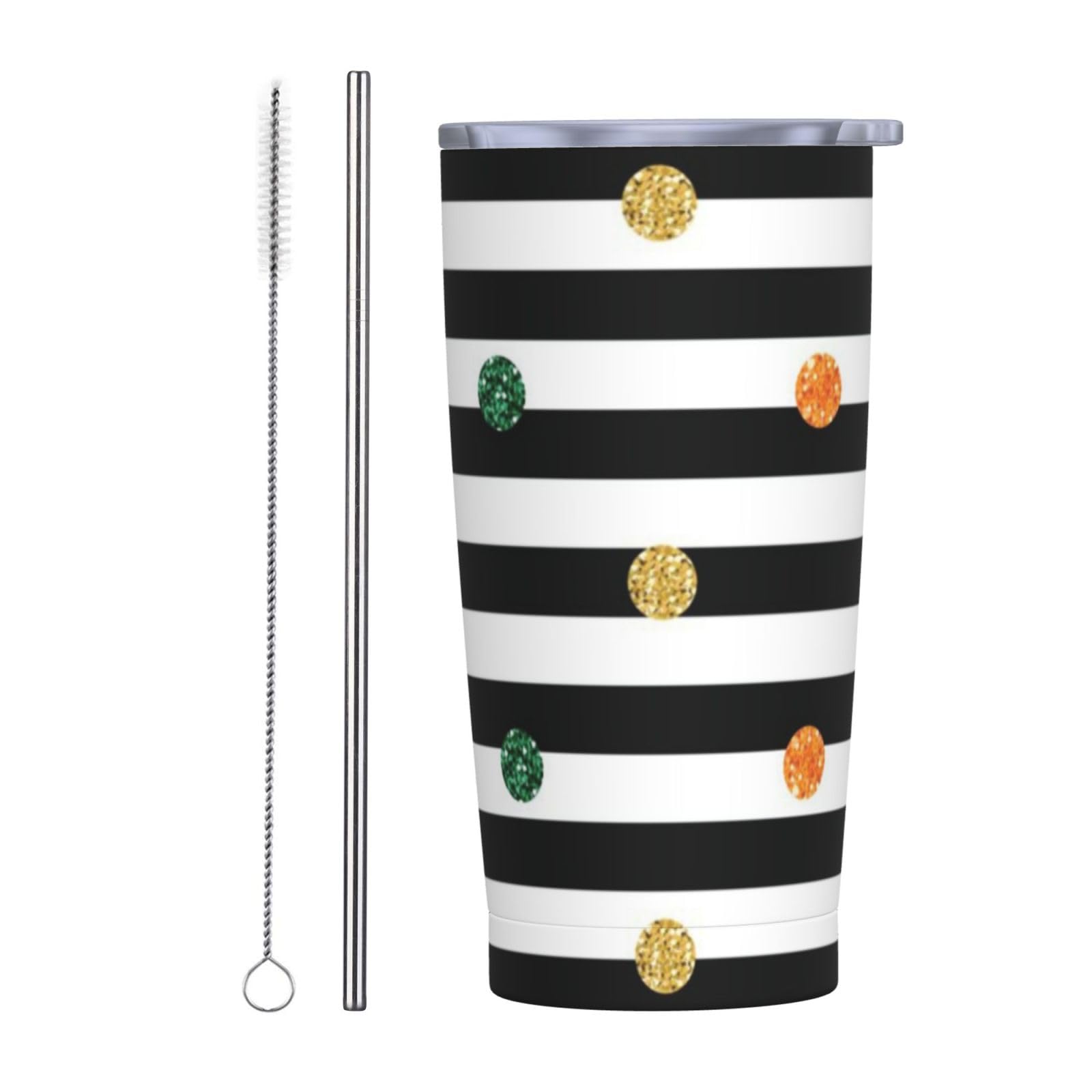 Tazza termica portatile in acciaio inox con stampa a pois arcobaleno glitterata in bianco e nero