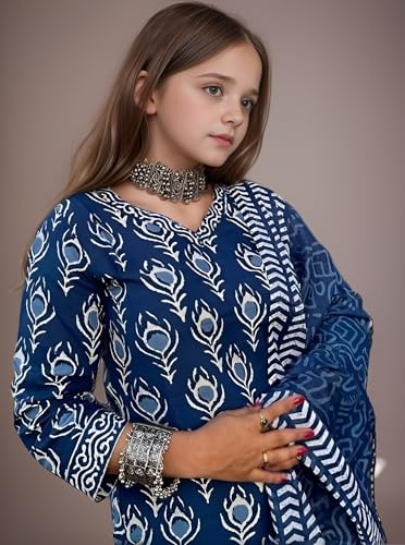 Image of Girls Printed Pure Cotton Kurta Pant with Dupatta in Pink and White
