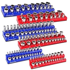 Magnetic Socket Organizer Set, 6PCS Socket Holder, 1/4″, 3/8″, 1/2″ Sockets Holds 143 Pieces Magnetic Sockets Trays (Blue&red, 6 Pcs)