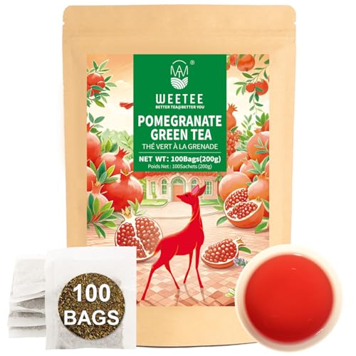 WT WEETEE Pomegranate Green Tea Bags 100 Count, Antioxidant Caffeinated Tea