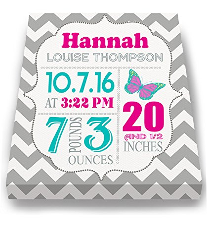 Personalized Stretched Canvas Birth Announcement Gift, Custom Baby Name, Date, Weight Stats, Newborn Butterfly Nursery Wall Art Decor, Wooden Frame Construction, Ready to Hang 24X30