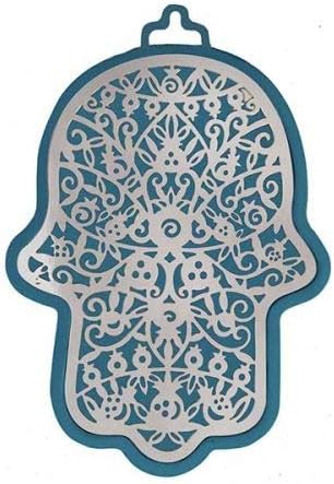 Yair Emanuel Hamsa Hand Jewish Amulet Decor - Anodized Aluminum Blue Pomegranate Cutout