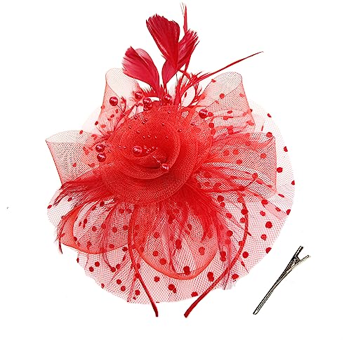 Durzasvo Women's Fascinators Tea Party Wedding Mesh Flower Pearl Feather Fascinator Hat with Headband and Clip Red