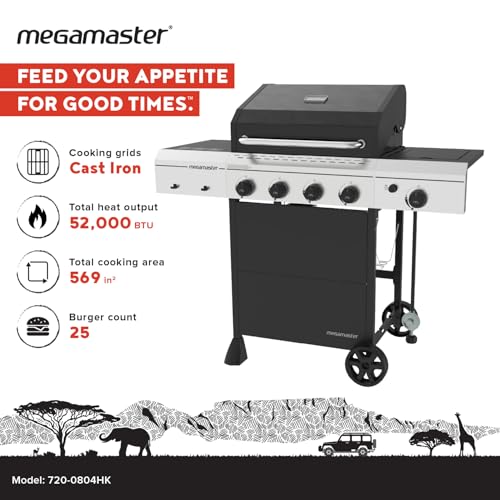 Image of Megamaster 4-Burner Gas Grill with Side Burner & Grill Cover, 52,000 BTUs, 568 SQ. In. Cooking Area, Propane BBQ Grill with Stainless Steel Panel for Outdoor Cooking, Patios, and More - 720-0804HK