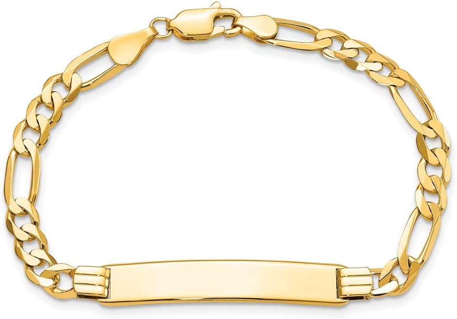 Engravable Personalized Custom 14K Yellow Gold Flat Figaro Link ID Bracelet For Men or Women Length 8 inches Width 7 mm With Lobster Claw Clasp