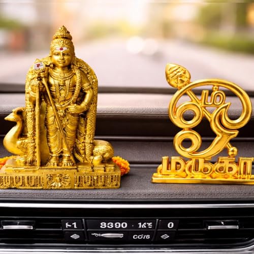 Image of Car Dashboard Lord Murugan Idol with Murugan Vel Combo (10 cm & 7 cm) | Karthikeya Subramanya Swamy Statue for Pooja Mandir & Home Temple (Muruga Statue with Om Murga Metal)