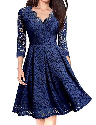 KOJOOIN Vestido de Noche para Mujer de los años 50, Vestido de Fiesta, Vestido de Noche, Vestido de Baile, Vestido Corto, línea A, Vestido de cóctel (Tallas 34 - 48), A-Azul Oscuro (Manga Larga), XXL Cover
