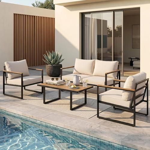 Modern Patio Furniture Set, 4 Pieces Outdoor Conversation Set wit...