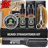 Alisador de barba para hombre con 2 unidades de aceite de barba, bálsamo, peine, tijeras y cepillo para todo tipo de barba, doble voltaje, apto para viajes, apagado automático, función antiquemaduras