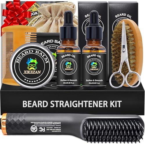Beard Straightener for Men w/2 Pack Beard Oil,Balm,Comb,Scissor & Brush for All Beard Type,Dual Voltage Travel-Friendly,Auto Shut-Off,Anti-Scald Featu