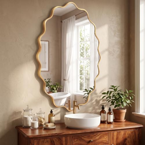 Image of Oval Wall Mirror, 22 inch x 30 inch Gold Wavy Bathroom Mirror for Wall with Brushed Alloy Steel Frame&Shatter-Proof Glass, Decorative Wall Mirrors for Bathroom Sink, Bedroom, Living Room, Entryway