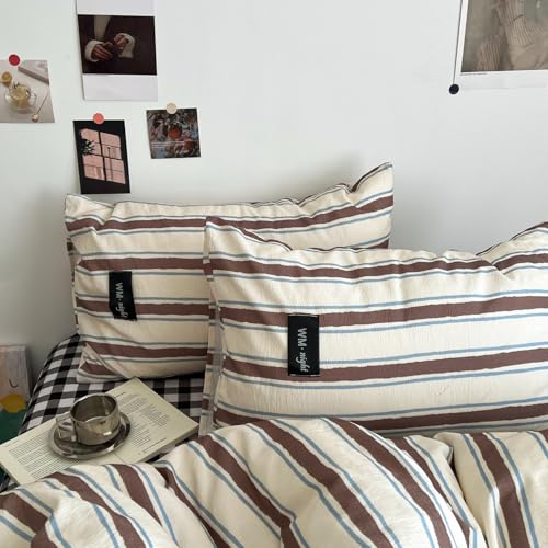 Image of Striped Duvet Cover Queen Size Brown Blue Stripes Bedding Set Retro Striped Geometric Pattern Duvet Cover Set Soft Lightweight Microfiber Quilt Cover with Zipper Closure and 2 Pillowcases
