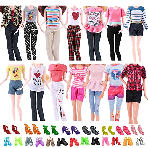 Carreuty 20 Puppenkleidung-Outfit für Barbie-Puppen, Puppenzubehör, 10 Schuhe+10 Kleidung (mit 10 Oberteilen und 10 Hosen) in zufälliger Reihenfolge für Mädchen, Geburtstagsgeschenke Cover