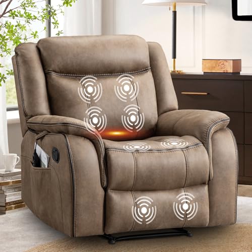 BAMCANFUR Massage Recliner Chair with Heat, Faux Leather Recliner Chairs for Adults, 39" Wide Manual Reclining Ergonomic Lounge Chair, Overstuffed Wall Hugger Recliners for Living Room, Nut Brown