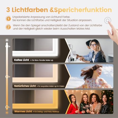 YOLEO Badspiegel mit Beleuchtung, LED Spiegel mit Bluetooth-Lautsprecher, Wandspiegel mit Steckdose, Badezimmerspiegel LED Beschlagfrei mit Touchschalter, 3 einstellbare Lichtfarbe, 100x60cm 4