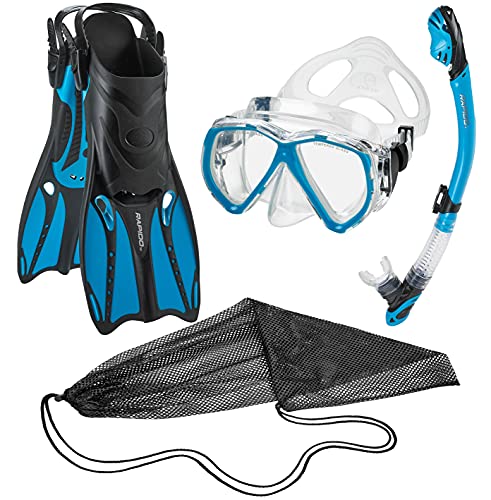 Phantom Aquatics Rapido Adult Mask Fin Snorkel Set, Panoramic View Snorkel Mask, Dry Snorkel, Snorkeling Fins + Travel Bag (Opaque Blue, S/M, US: 6/8 - EU: 38/41)