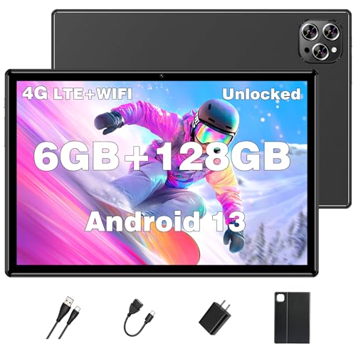 Image of Android Tablet 10 Inch, Octa-Core Android 13 Unlocked Tablet with SIM Card Slot, 128GB ROM+6GB RAM, 5MP+13MP Camera /5G WIFI GPS /BT /6000mAh /1280*800 IPS Screen /Cellular Tablet with Case (Black)