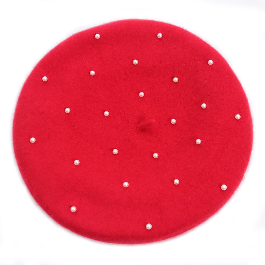 JOYHY Women's Beading Wool Artist Flat French Style Beret Hat Red