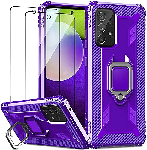 IMBZBK Funda para Samsung Galaxy A52 4G&5G/ A52s 5G Carcasa + [2 Pack] Protector Pantalla Cristal Templado, [Soporte Giratorio de 360 Grados con Anillo de Dedo][Grado Militar Anti-Golpe] TPU - Morado Cover