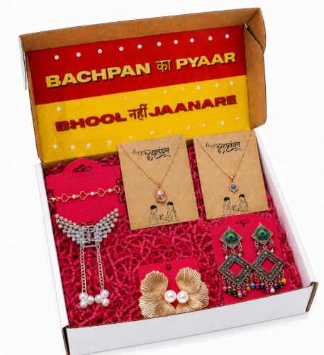 Image of Raksha Bandhan Gift Hamper for Sister | Premium Jewellery Gift Box with Rakhi Bracelet, 2 Pendant Necklaces, 1 claw clip & 2 Designer Earrings | Rakhi Gifts for Sister | Birthday & special Gifts for Women
