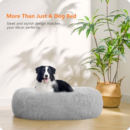 HMTOPE Orthopädisches Hundebett rund Hundekissen Hundesofa Katzenbett Donut Kuscheliges Hundekorb Waschbar, 90 cm Ø, Hellgrau