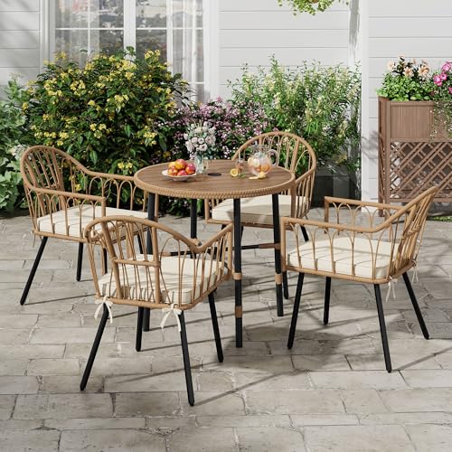 Image of DWVO Outdoor Patio Dining Table Round for 4 35.4 inch Outdoor Tables with Umbrella Hole & Adjustable Levelers All-Weather Bistro Table with Metal Frame for Lawn Garden Backyard