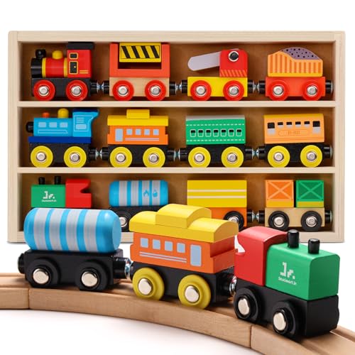 SainSmart Jr. Wooden Train Set 12 PCS - Train Toys with Storage Box, Magnetic Toy Trains Compatible with All Major Brands, Gift for Toddlers, Boys and Girls Aged 3+