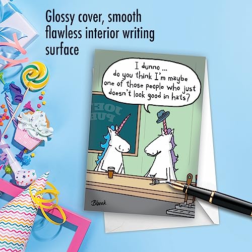 Nobleworks - 1 Happy Birthday Greeting Card Funny - Cartoon Comic Humor, Celebrate Birthdays Notecard - Unicorn Hat C7248Bdg #TOP4
