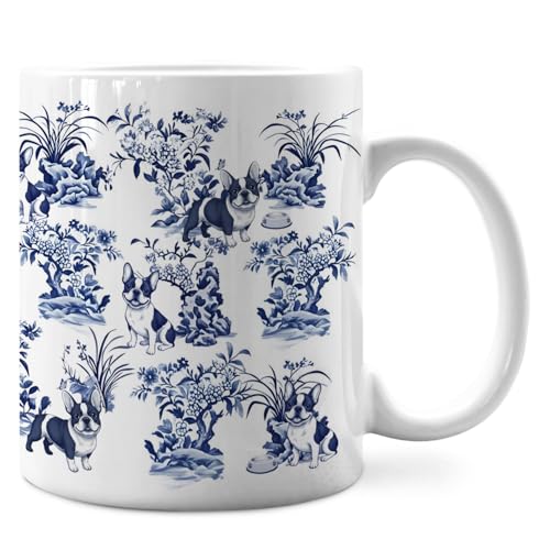 IWXYI Chinoiserie French Bulldog Dog Mug, Gifts for French Bulldog Lovers Coffee Mug, Frenchie Gifts for Women Men, Blue and White Toile Frenchie Dog Ceramic Coffee Cup 11 oz